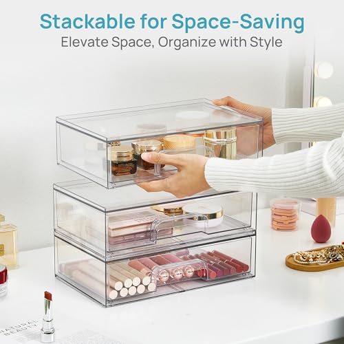 Vtopmart 12.1''W Clear Stackable Storage Drawers,4 Pack Acrylic Plastic Organizers Bins for Makeup Palettes, Cosmetics, and Beauty Supplies,Ideal for Vanity, Bathroom,Cabinet,Desk Organization - style: 4pack Wide