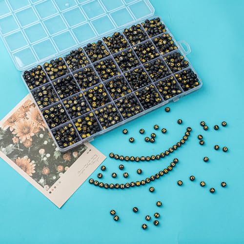 1400pcs Letter Beads, 4x7 mm Acrylic Alphabet Beads, Beads for Jewelry and Bracelet Making, in 28 Grid Box (Black and Gold) - color: Black Beads Gold Letter