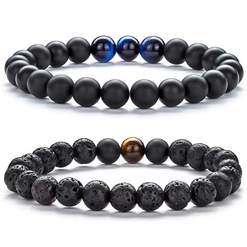 Hamoery Men Women 8mm Tiger Eye Stone Beads Bracelet Elastic Natural Stone Yoga Bracelet Bangle - color: A-2 Pcs Set 3-21003