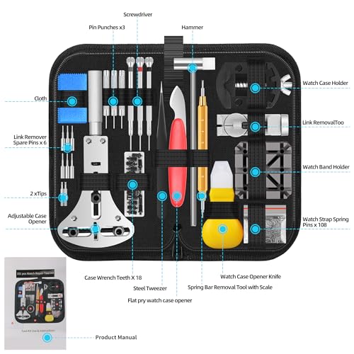 Singcci Watch Repair Kit, 151 PCS Professional Watch Battery Replacement Tool Kit, Watch Strap Bracelet Removal Tool with Carrying Case and Instructions