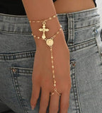 YEEZII Gold Hand Chain Bracelets for Women, 2 Pcs 14k Gold Plated Cubic Zirconia Link Chain Bracelet Set, Trendy ring bracelet hand chain Jewelry for Her - color: Gold-E