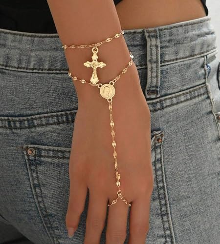 YEEZII Gold Hand Chain Bracelets for Women, 2 Pcs 14k Gold Plated Cubic Zirconia Link Chain Bracelet Set, Trendy ring bracelet hand chain Jewelry for Her - color: Gold-E
