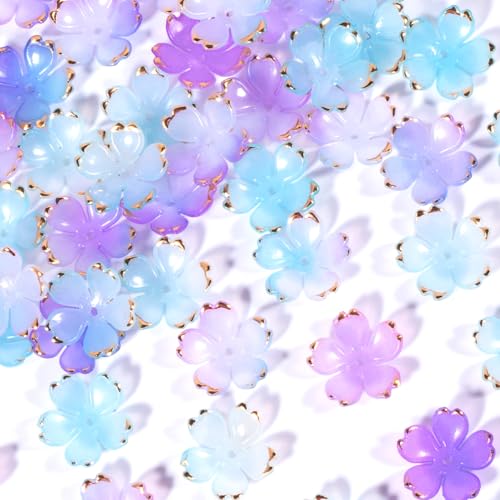 100pcs Cherry Blossom Beads, 5-Petal Gradient Acrylic Flower Beads, Mini Spacer Hair Accessories Halloween Christmas for Bracelets Earring Jewelry Making- Blue & Purple1 - color: Blue & Purple1