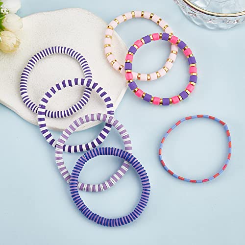 Ornaland 7Pcs Handmade Polymer Clay Heishi Surfer Stretch Bracelets Set Colorful Glass Beads Bracelets Boho Stackable Preppy Bracelets Wrist Jewelry for Women - color: purple pink