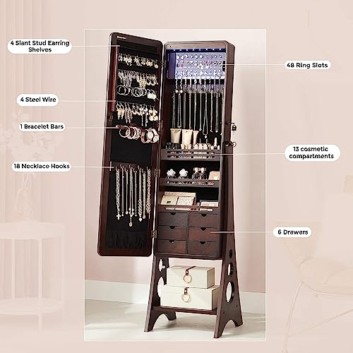 Hives and Honey Aria Standing Jewelry Armoire Mirror – LED Lit, Velvet Interior, Lockable, Ample Storage, Beveled Full-Length Mirror, Space-Saving Design, Walnut