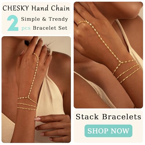 CHESKY 14K Gold Plated Hand Chain Bracelets for Women Set - Dainty Finger Ring Bracelet Stack Adjustable Hand Chains Durable Beaded Bracelets Trendy Simple Body Jewelry Gift for Women - style: 3lips bracelet-gold