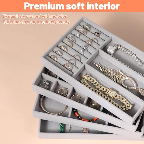 Set of 4 Stackable Velvet Jewelry Trays for Drawers,Grey Jewelry Drawer Inserts with Removable Dividers, Velvet Jewelry Container Display Case Storage for Earring Necklace Rings Bracelet