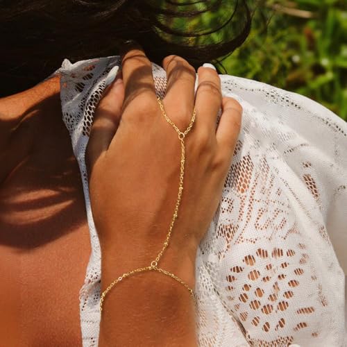 Gold Hand Chain Bracelet for Women, Ring Bracelet Hand Chain Non Tarnish Waterproof Dainty Finger Bracelet Beaded Cubic Zirconia Layered Twist Link Stack Bracelets Trendy Jewelry Gift for Her - color: Bead Chain