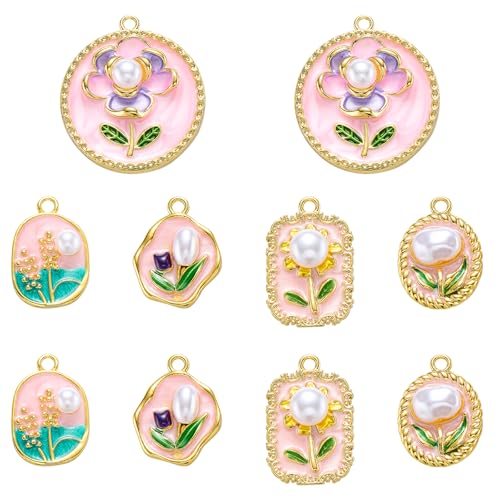 Flower Charms 18K Gold Plated Brass Enamel Charms Vintage Floral Pendants for Bracelet Earring Necklace - color: Pink Series A