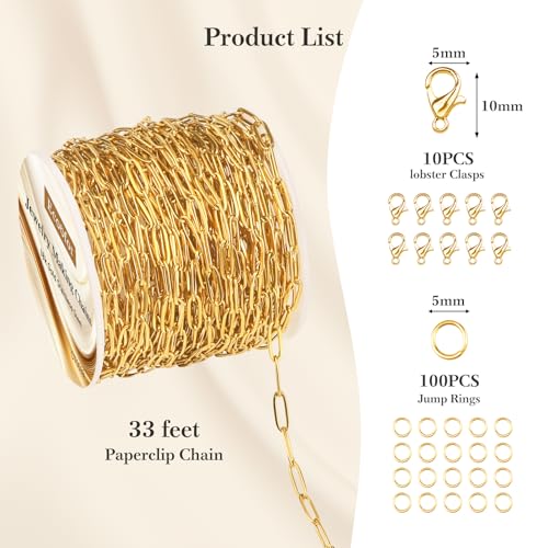 33 Ft 18k Gold Stainless Steel Paperclip Chains Roll - 3mm Width, Gold Plated Chain with Jump Rings & Lobster Clasps - color: 18K Gold Stainless Steel Paperclip Chains 33 Ft