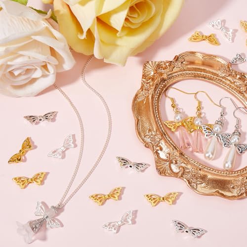 SUNNYCLUE 1 Box 150Pcs 3 Colors Metal Butterfly Bead Bulk Wing Spacer Beads Alloy Antique Golden Silver Tibetan Hollow Butterflies Wings Loose Beads for Jewelry Making Bracelet DIY Crafts Accessories