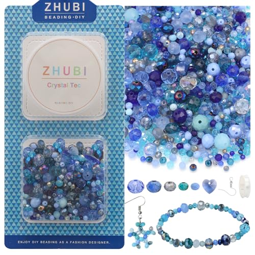 Glass Beads for Jewelry Making, Assorted Rondelle Crystal Beads with Crystlas Heart Pendant - Mixed 2/4/6/8/10mm Beads for Bracelets Necklace Earrings & Gifts Set - color: Blue