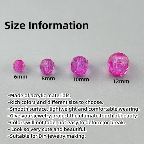 850pcs Acrylic Round Faceted Beads 6mm 8mm 10mm 12mm Faceted Round Spacer Beads for Bracelets Necklace Earring DIY Jewelry Making Craft(Rose Red) - color: Rose Red