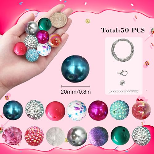50Pcs Chunky Bubblegum Beads, 20mm Chunky Bubble Gum Beads for DIY Beadable Pens Bracelets Necklaces Pearl Beaded Craft Jewelry Making (Fuchsia&Silver) - color: Rose Red+Silver+Blue