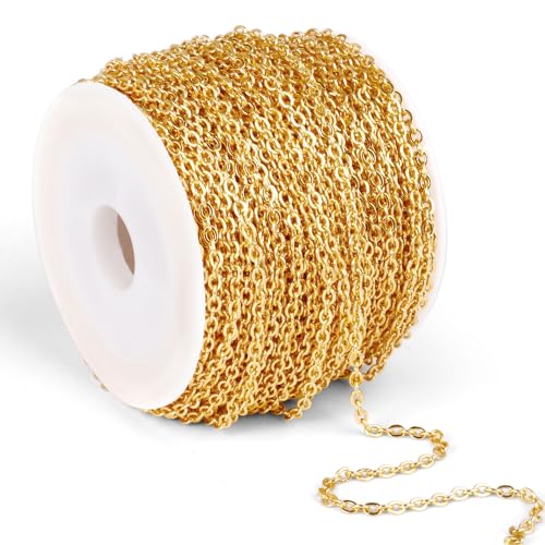 66 Feet 18K Gold Plated Stainless Steel Chain Bulk, 2.5mm 304 Stainless Steel Chains Flat Cable Link Chain Bulk for Jewelry Making DIY Craft - color: Gold Color, size: 2.5mm width