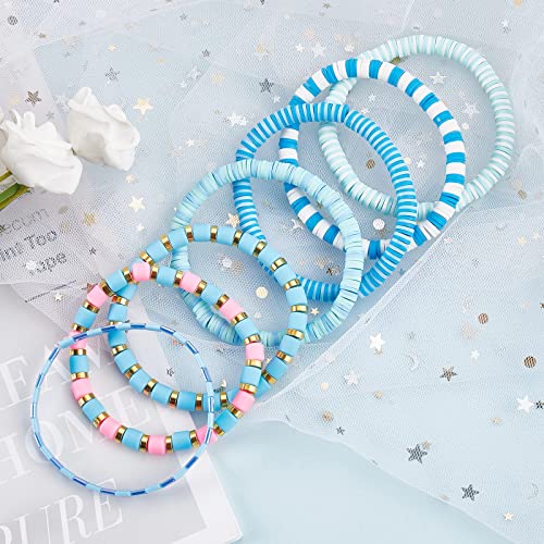 Ornaland 7Pcs Handmade Polymer Clay Heishi Surfer Stretch Bracelets Set Colorful Glass Beads Bracelets Boho Stackable Preppy Bracelets Wrist Jewelry for Women - color: light blue