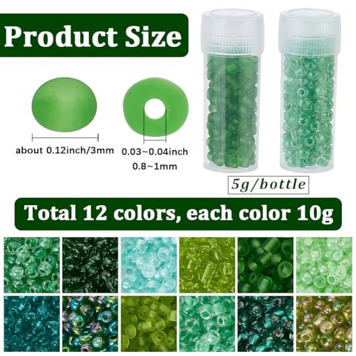 SUNNYCLUE 12 Jars 120G 3mm Seed Beads Glass Seed Bead Blue Green Glassy Crystal Round 8/0 Waist Friendship Loose Spacer for Crafts Jewelry Making Supplies Bracelets Necklaces DIY Findings Women Adult - color: Green, size: 3mm