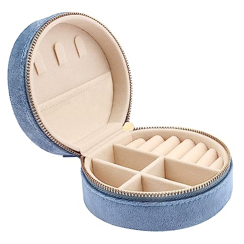DesignSter Travel Jewelry Box - Velvet Mini Jewelry Organizer, Small Jewelry Case for Girls Women, Jewelry Storage Box for Rings Earrings Necklace (Circular, Blue Fog) - color: Blue Fog, size: Circular