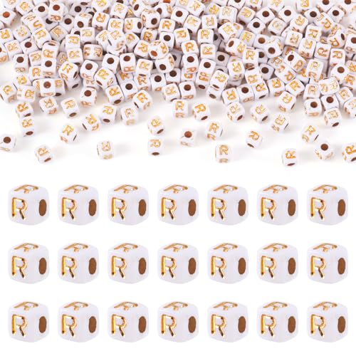 FASHEWELRY 500Pcs White Golden Letter Beads 4.5mm Square Alphabet Beads Acrylic Cube Letter R Beads for Friendship Bracelet Necklace Keychains Jewelry Making - color: Letter R
