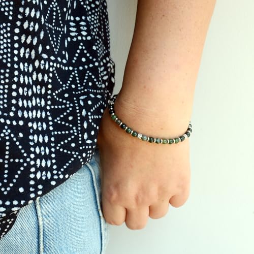 Ganbatte Handmade Beaded Bracelet, Natural Stone and Silver Stainless Steel, Boho Style Women's Jewelry - color: Moss Agate