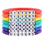 Rainbow Heishi Surfer Bracelets Set for Women Stackable Clay Beaded Bracelets Disc Stretch Preppy Bracelets Layering Colorful Friendship Bracelets Team Cheer Bulk Boho Summer Beach Jewelry Gift - style: SISTERS
