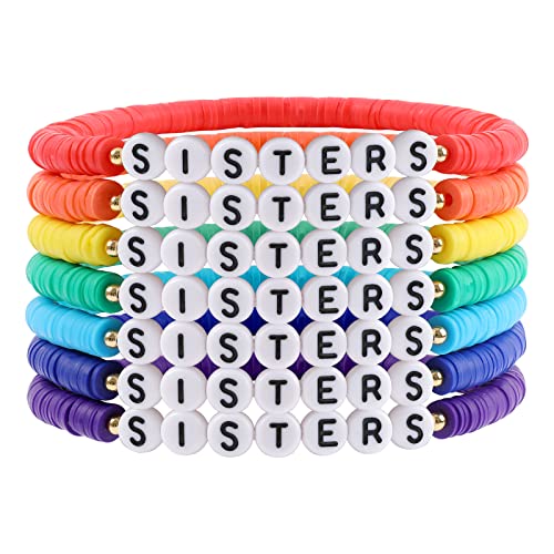Rainbow Heishi Surfer Bracelets Set for Women Stackable Clay Beaded Bracelets Disc Stretch Preppy Bracelets Layering Colorful Friendship Bracelets Team Cheer Bulk Boho Summer Beach Jewelry Gift - style: SISTERS
