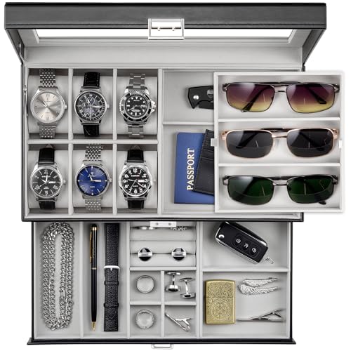 ProCase Mens Jewelry Box, Lockable 6 Slot Watch Case & 3 Slot Sunglasses Organizer, 2-layer Mens Jewelry Organizer Watch Box for Men, Watches Holder Display Storage Valentine Birthday Gifts -Black - color: Black