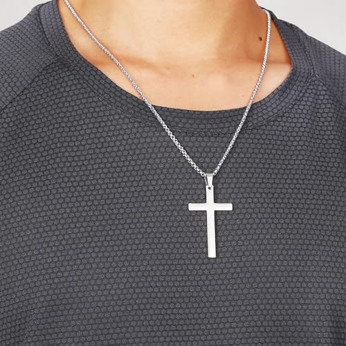 Cross Necklace for Men Silver Premium Alloy Solid Color Cross Pendant Necklace for Men Women Teens - color: Silver-Stainless Steel-22inch