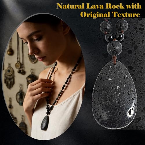 Long Necklaces for Women Boho, Oval Waterdrop Turquoise Pendant, Natural Stone Beaded, Handmade,Vintage & Elegance, Boho Fashion Charm Beaded Necklace for Women - style: O-OvalLavaRockPendant
