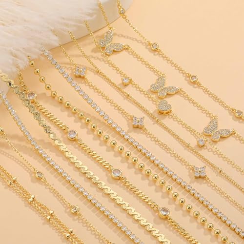 RLMOON Gold Silver Anklets for Women CZ Ankle Bracelet 14K Gold Plated Waterproof Layered Stackable Tennis Dot Chain Anklet Trendy Summer Beach Foot Jewelry - color: A:Flower Anklet Gold