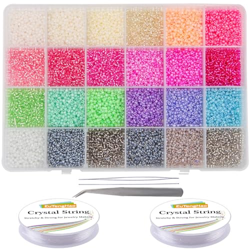 EuTengHao 18000Pcs Pony Seed Beads 2mm Glass Beads Waist Beads with Tweezers Strings for DIY Bracelet Necklaces Earring Jewelry Making Crafts (750 Per Color, 24 Colors) - color: Striking Color