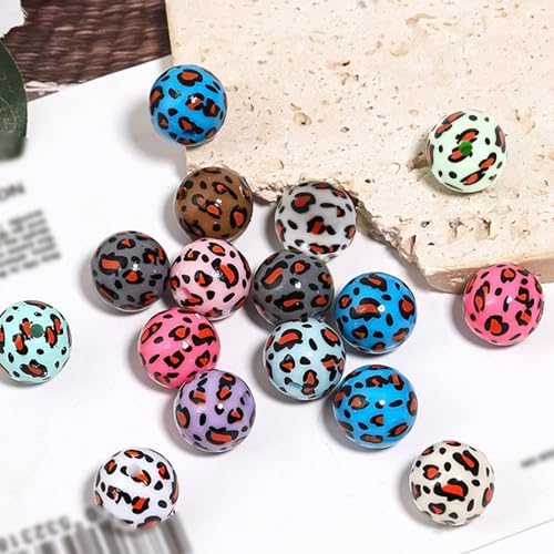 15Pcs Acrylic Beads Round 16mm Leopard Print Fit for DIY Jewelry Bracelet Necklace Keychain Beadable Pens Mobile Phone Chain Making Cute (Leopard Print-Mixed Color) - color: Leopard Print-Mixed color