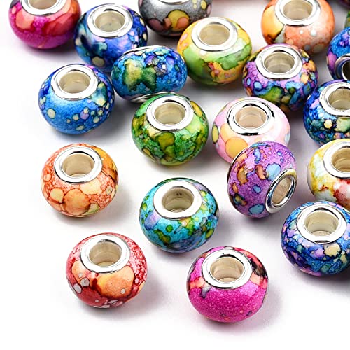 Beadthoven 100pcs Large Hole European Beads Watercolor Colorful Resin Rondelle Beads Charms with Silver Brass Cores European Charm fit Bracelet Necklace DIY Pens Jewelry Making Macrame Hair Braids - color: 0Watercolor Mixed Color