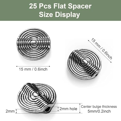Tibetan Silver Stripe Spacer 15mm Flat Beads for Jewelry Making Supplies Adults Small Seed Bead for Necklace Earring Bracelet Making Kit Bulk 25 Pcs - color: Silver stripe flat