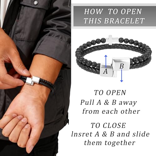 Mens Bracelet Fathers Gifts Day Black Braided Leather Stainless Steel Cross Jewelry Charming Bracelet Embedded with Black Agate Beads,Perfect for Wedding, Parties, and Everyday,Bible Verse Christian Religious Gift(7.5/8.5/9 Inch) - color: F+silver+8.5
