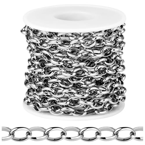 [16.5 FT] Stainless Steel Rolo Cable Chains Bulk for Jewelry Making, 7.5mm 304 Stainless Steel Oval Cable Link Chains Roll Spool for DIY Craft Jewelry Making - color: Stainless Steel, size: 7.5mm width