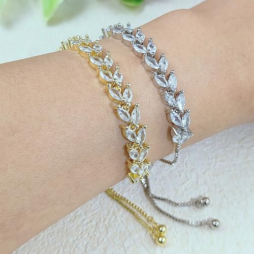 3PCS Tennis Bracelets for Women Set - Stackable Gold & Silver Plated Brass - Round & Marquise Cubic Zirconia - Adjustable & Foldover Clasp - Elegant Jewelry Gift for Her, Mom, Wife, Girlfriend - color: Gold - 3PCS Bracelet Set