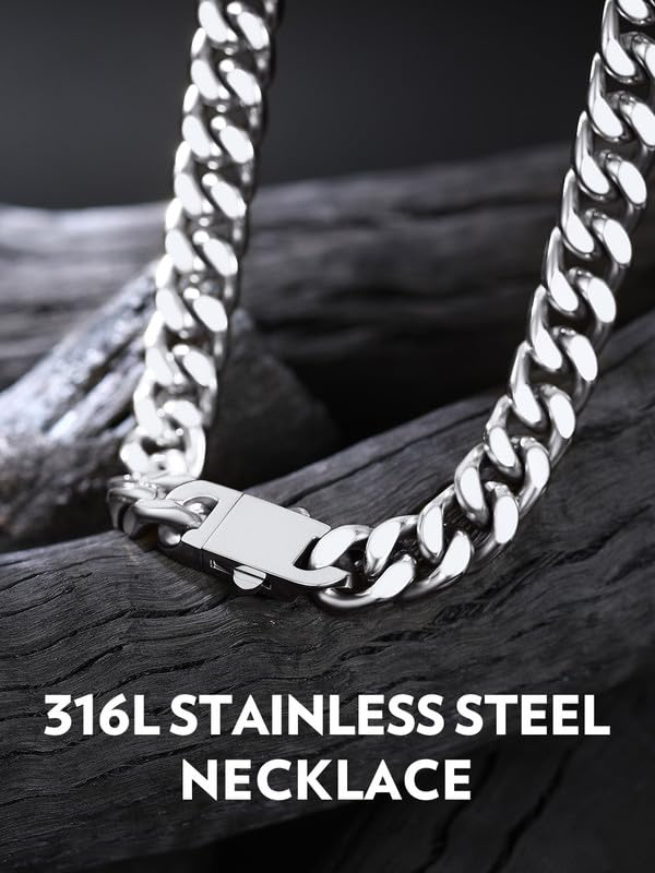 Bandmax Mens Stainless Steel Chain Necklaces 5MM/7MM/9MM/12MM Chunky Miami Cuban Link Chain Necklace Silver/Gold Plated/Black Chains for Men 18"-30" - color: 10 12MM-Silver Tone, size: 22 Inch (56cm, Pop Choice)
