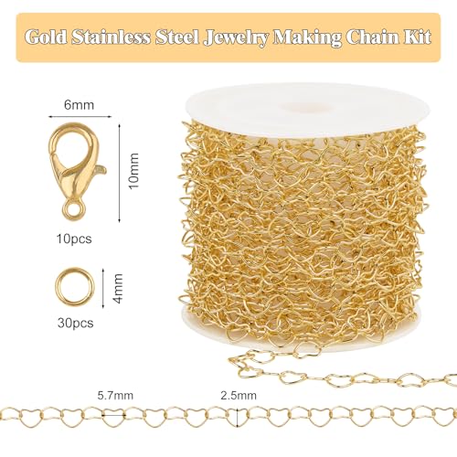 GTVOODX 16.4 Feet Stainless Steel Heart Link Chains 18K Gold Plated Soldered Jewelry Chain Roll Spool for DIY Jewelry Bracelet Necklace Making with Lobster Clasps Jump Rings - color: Gold Heart