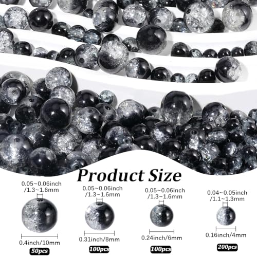 1 Box 450PCS 4/6/8/10MM Black Round Crackle Beads with Holes Glass Crack Crystal Sparkle Ink Small Spacer Loose Bead Bulk for Jewelry Making Necklaces Bracelets Earrings DIY Craft Supplies - color: Black