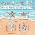 SUNNYCLUE 70PCS 7 Styles Silver Sea Beads Marine Beads Sea Ocean Animal Summer Hawaii Turtle Fish Shell Animals Alloy Metal Loose Spacers for Jewelry Making Beading Kit Bracelets Supplies