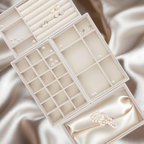 8 Pack Jewelry Organizer for Drawer, Necklace Velvet Storage Display Tray, Stackable Insert Divided Holder for Bracelet Rings Earring Brooch Watch, Beige 4 Styles - style: Modern