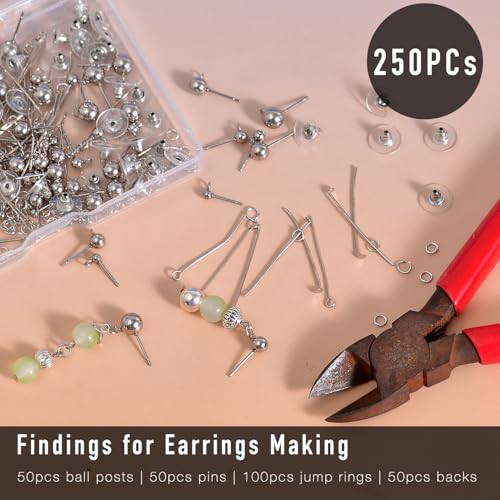 250Pcs No Tarnish Ball Stud for Earring Making, stino Hypoallergenic Stainless Steel Earring Posts, Jewelry Findings Supplies, Silver & Gold Plated (Silver) - color: Silver