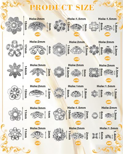 FIVEIZERO 240Pcs Silver Flower Bead Caps for Jewelry Making, 18 Styles Filigree Spacer Caps, Multi-Petal Design, 6mm–16mm for Earrings, Bracelets & Necklaces - color: Silver