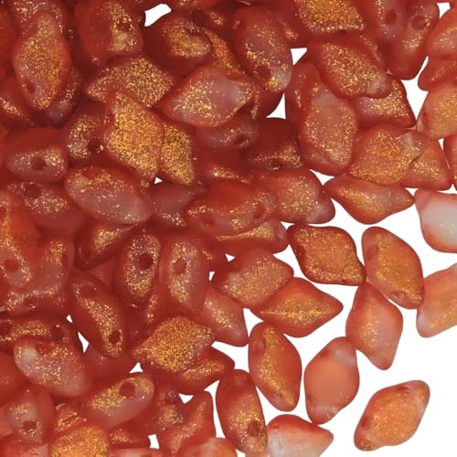 GemDuo Beads, 2-Hole Diamond Shaped Czech Glass Beads 5x8mm 10 Grams Frozen Matte Hot Red