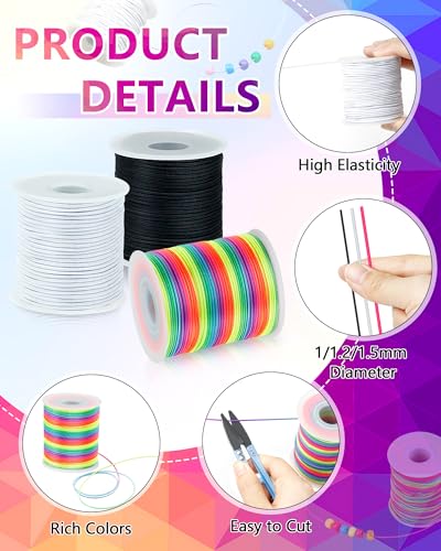 2 Rolls FIVEIZERO Black Elastic Bracelet String Total 330 Feet,1mm,1.2mm,1.5mm Elastic Cord for Beading Stretchy String with Beading Needle for Bracelets, Sewing, Necklace, Jewelry Making and Crafts - size: 1.2MM, style: Black