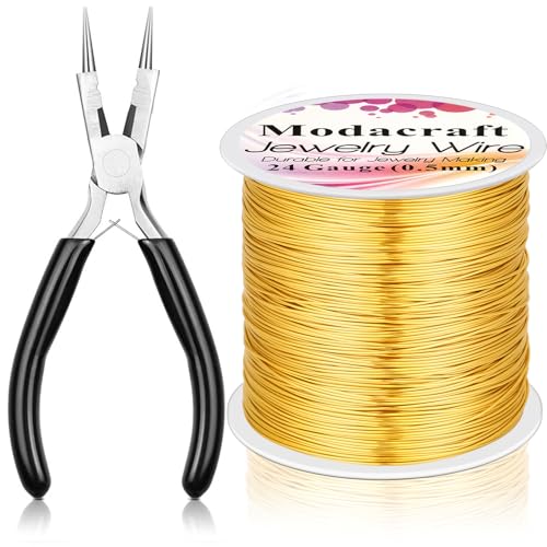 ModaCraft 24 Gauge Sweet Spot Jewelry Wire Gold (213ft/65m) + 4-in-1 Comfort Grip Pliers | Tarnish Proof Copper Craft Wire for Wire Wrapping, Beading & Charm Bracelets | Jewelry Making Starter Kit - color: Gold, size: 24 Gauge