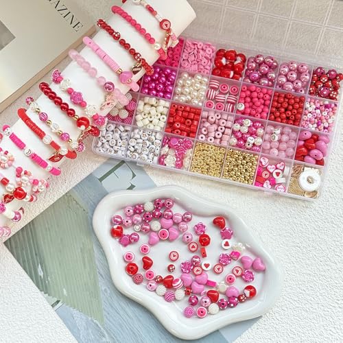 1800PCS+ Valentine’s Day Beads for Bracelets Jewelry Making Set, Pink Red Polymer Clay Beads Assorted Pearl Acrylic Heart Bead Letter Spacer Flower Bead and Heart Charms for Necklace Bracelets Making