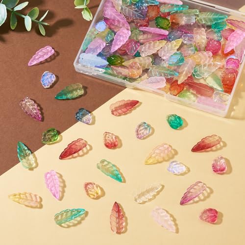 Beadthoven 120Pcs Transparent Glass Leaf Beads Mixed Color Leaf Shaped Crystal Beads Colorful Spring Summer Plant Bead Loose Gemstone Spacers for Jewelry Making DIY Bracelets Necklace Earrings Crafts - color: Leaf 2 styles