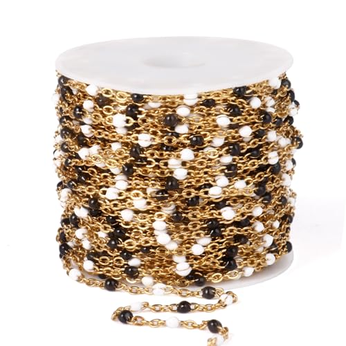 33 Feet Gold Enamel Chains Bulk, 2mm 18K Gold PVD Plated 304 Stainless Steel White Black Enamel Beaded Cable Link Chain Roll Spool for Jewelry Making - color: Gold White Black Beads